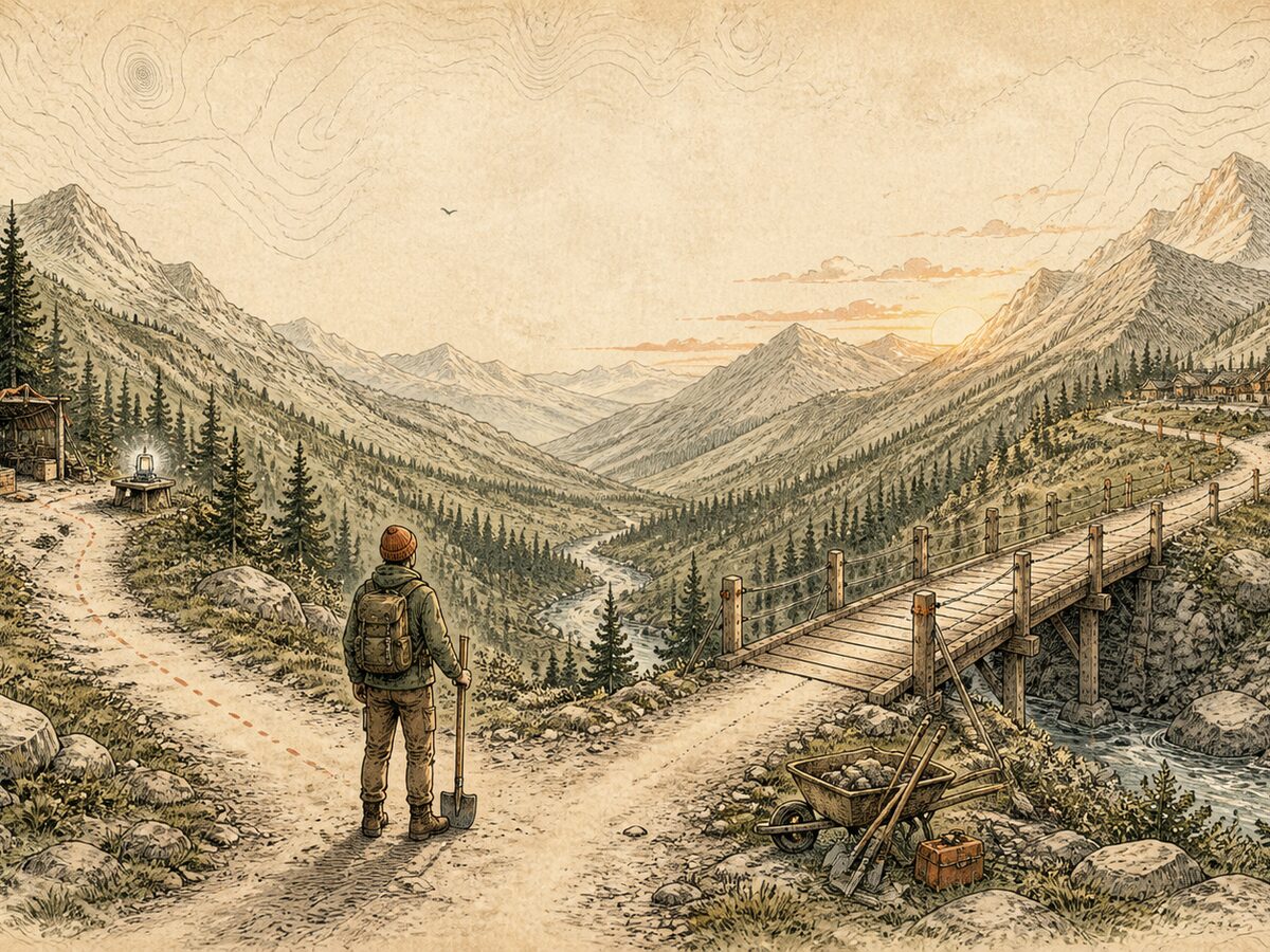 A trail builder at a fork between an improvised shelter and a sturdy bridge leading toward a settlement.